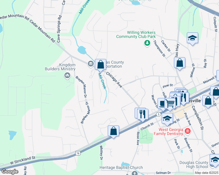 map of restaurants, bars, coffee shops, grocery stores, and more near 7030 Branch Crossing Way in Douglasville