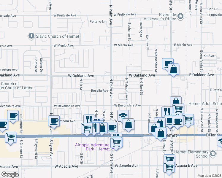 map of restaurants, bars, coffee shops, grocery stores, and more near 955 South Palm Avenue in Hemet