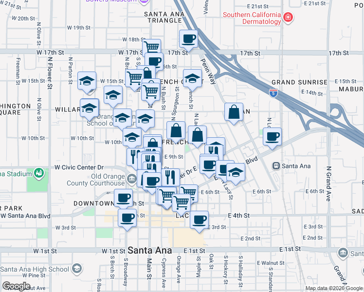 map of restaurants, bars, coffee shops, grocery stores, and more near 918 French Street in Santa Ana