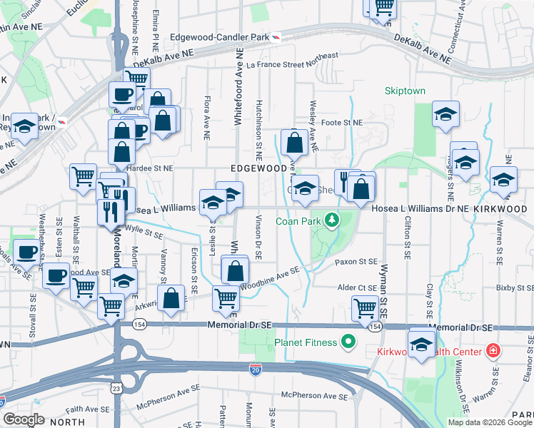 map of restaurants, bars, coffee shops, grocery stores, and more near 1433 Hosea L Williams Drive Southeast in Atlanta