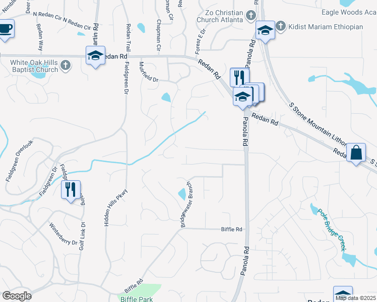 map of restaurants, bars, coffee shops, grocery stores, and more near 5352 Windfern Court in Stone Mountain