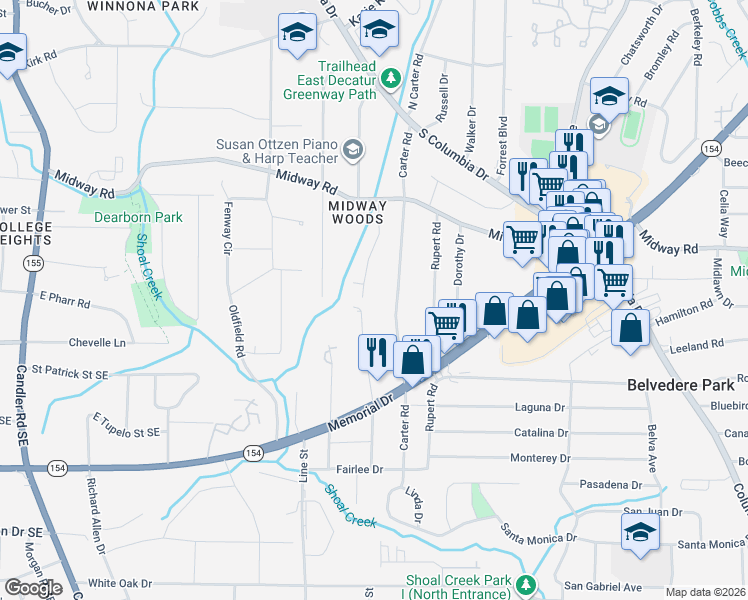 map of restaurants, bars, coffee shops, grocery stores, and more near 1398 Thomas Road in Decatur