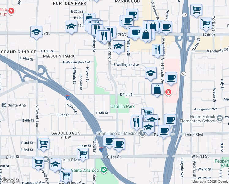 map of restaurants, bars, coffee shops, grocery stores, and more near 1022 Cabrillo Park Drive in Santa Ana