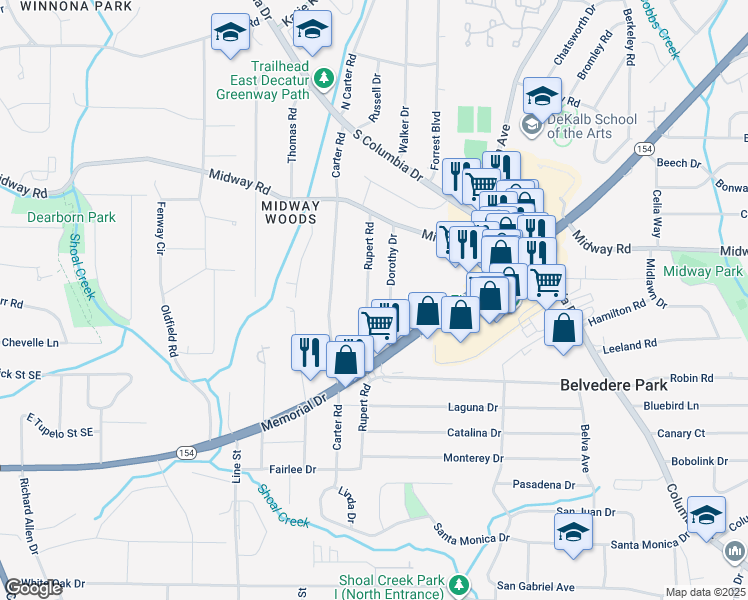 map of restaurants, bars, coffee shops, grocery stores, and more near 1386 Rupert Road in Decatur