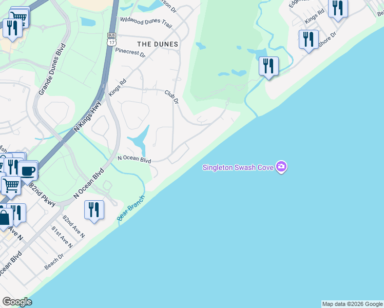 map of restaurants, bars, coffee shops, grocery stores, and more near 101 Wildwood Dunes Trail in Myrtle Beach