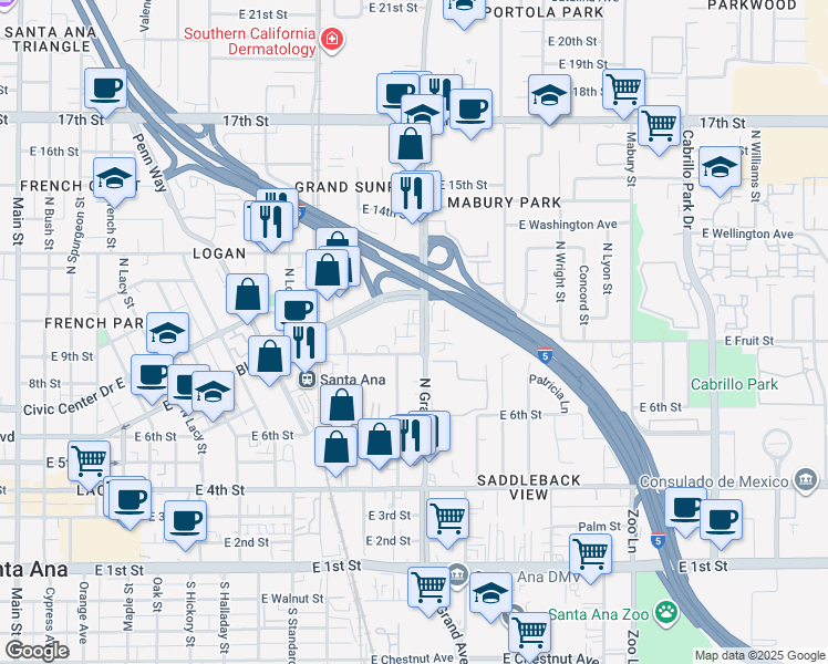 map of restaurants, bars, coffee shops, grocery stores, and more near 1214 Stafford Street in Santa Ana