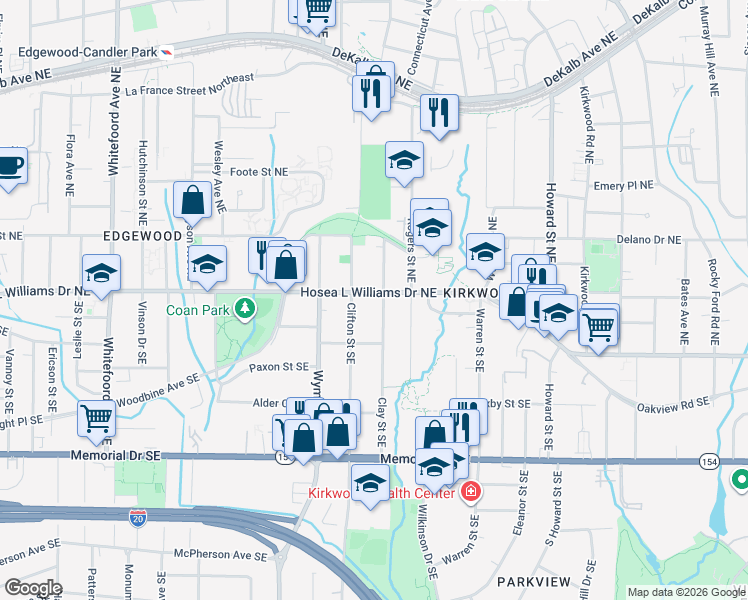 map of restaurants, bars, coffee shops, grocery stores, and more near 16 Clifton Street Southeast in Atlanta
