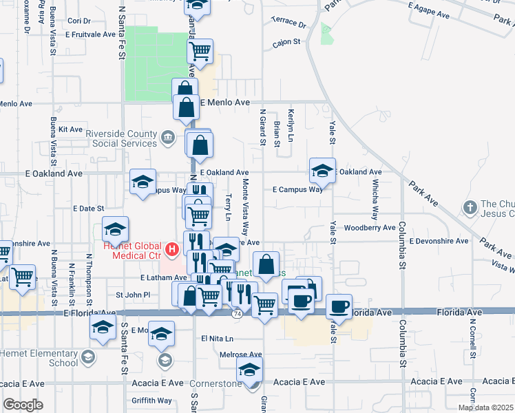 map of restaurants, bars, coffee shops, grocery stores, and more near 404 Monte Vista Way in Hemet