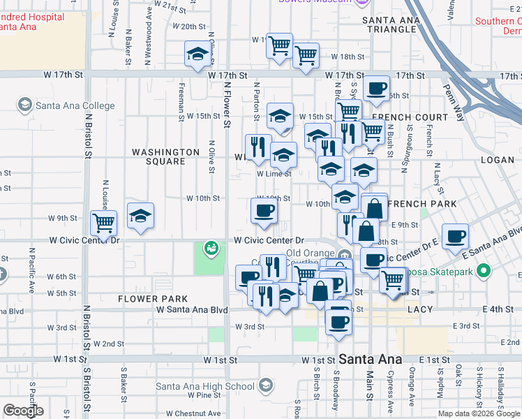 map of restaurants, bars, coffee shops, grocery stores, and more near in Santa Ana