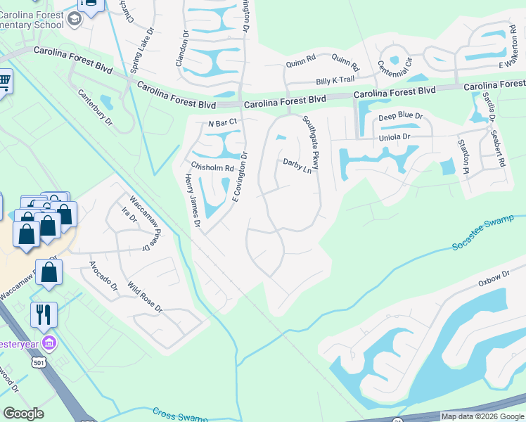 map of restaurants, bars, coffee shops, grocery stores, and more near 4681 Southgate Parkway in Myrtle Beach