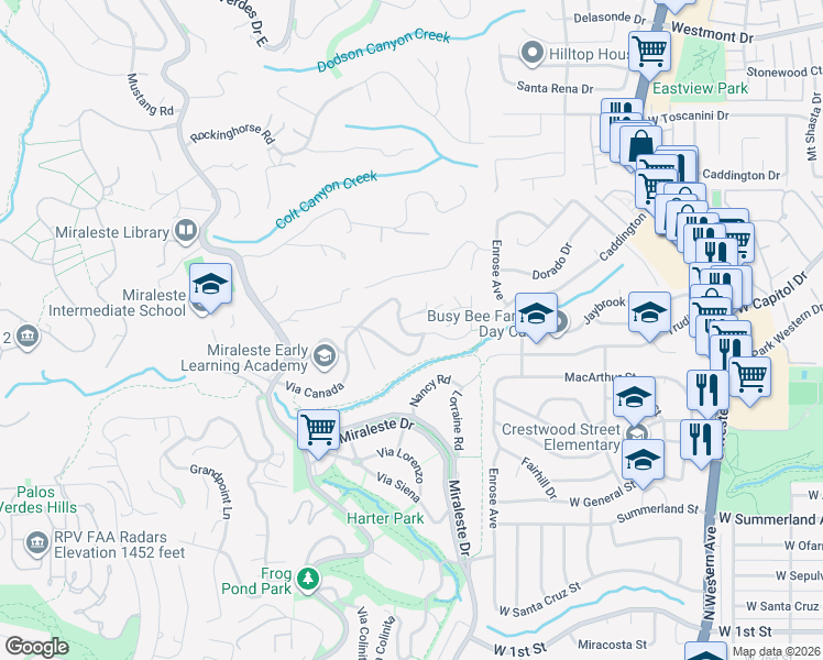 map of restaurants, bars, coffee shops, grocery stores, and more near 6601 Via De Anzar in Rancho Palos Verdes