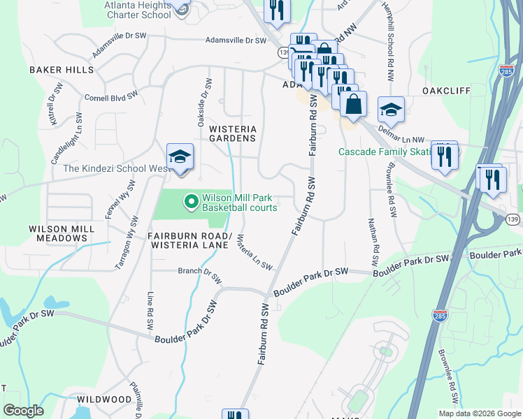 map of restaurants, bars, coffee shops, grocery stores, and more near 3789 Brook Way Southwest in Atlanta