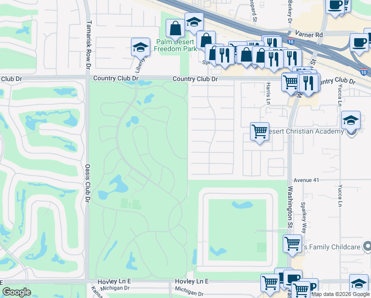 map of restaurants, bars, coffee shops, grocery stores, and more near 40729 Preston Trail in Palm Desert