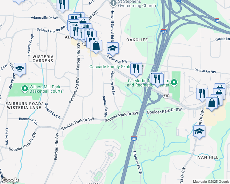 map of restaurants, bars, coffee shops, grocery stores, and more near 137 Brownlee Road Southwest in Atlanta