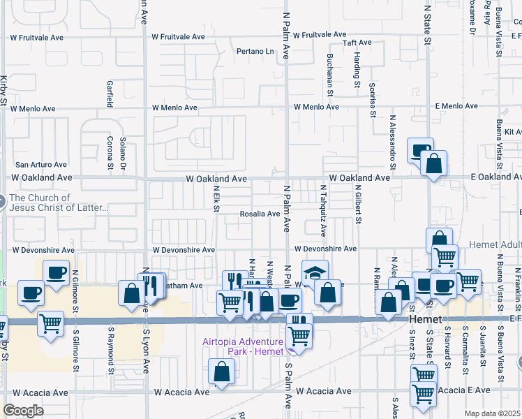 map of restaurants, bars, coffee shops, grocery stores, and more near 1060 Rosalia Avenue in Hemet