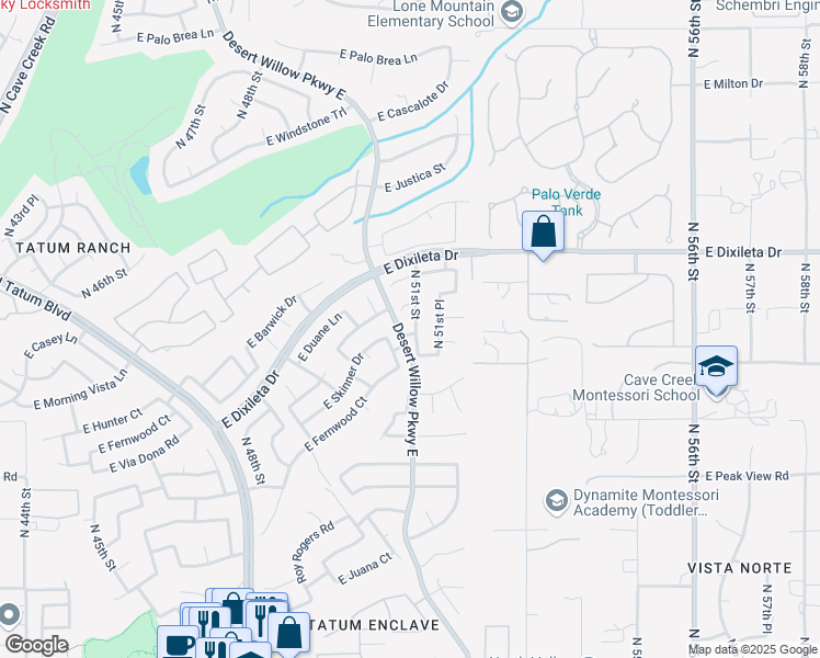 map of restaurants, bars, coffee shops, grocery stores, and more near 29424 North 51st Street in Cave Creek