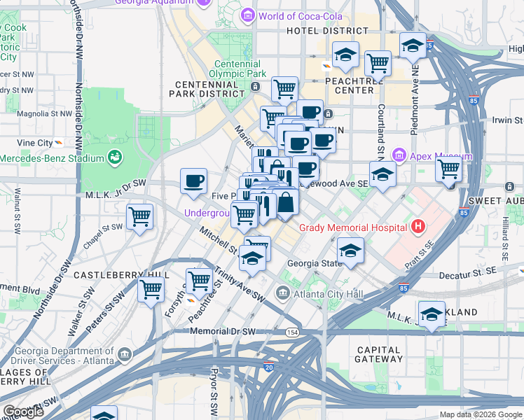 map of restaurants, bars, coffee shops, grocery stores, and more near 50 Peachtree Street Southwest in Atlanta