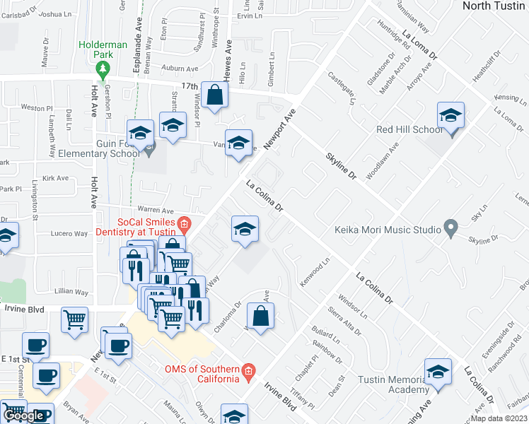 map of restaurants, bars, coffee shops, grocery stores, and more near 12542 Cay Street in Tustin