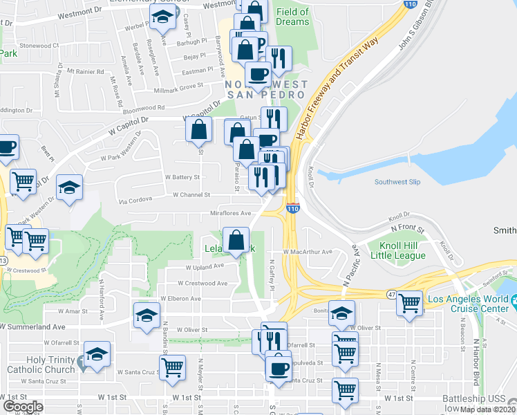 map of restaurants, bars, coffee shops, grocery stores, and more near 1001 North Gaffey Street in Los Angeles