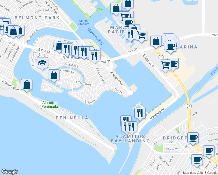 map of restaurants, bars, coffee shops, grocery stores, and more near 6006 Lido Lane in Long Beach