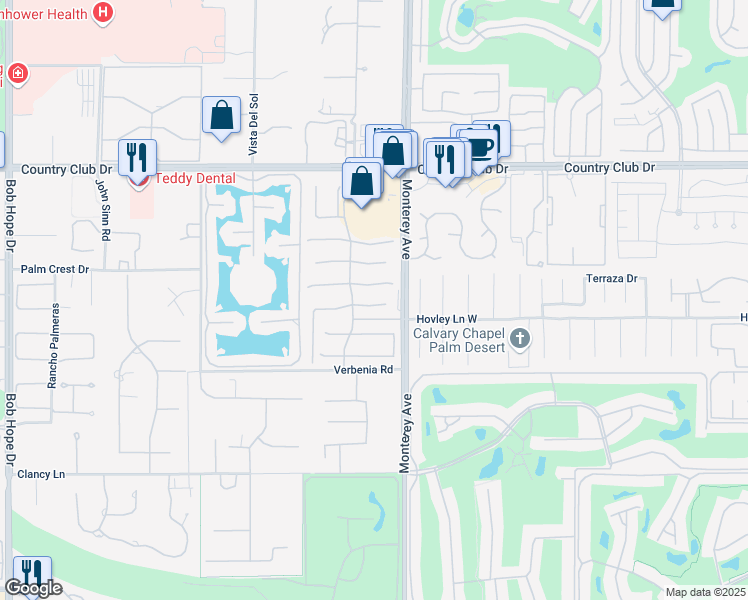 map of restaurants, bars, coffee shops, grocery stores, and more near 28 Calle La Reina in Rancho Mirage