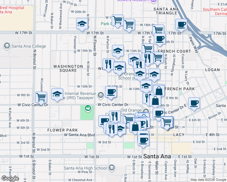 map of restaurants, bars, coffee shops, grocery stores, and more near 844 North Van Ness Avenue in Santa Ana