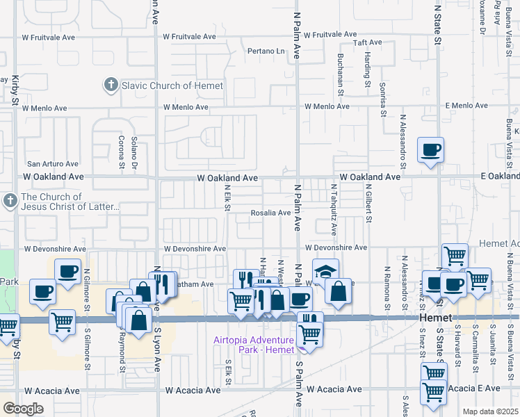 map of restaurants, bars, coffee shops, grocery stores, and more near 1170 Rosalia Avenue in Hemet