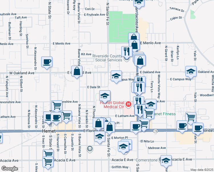 map of restaurants, bars, coffee shops, grocery stores, and more near 401 North Santa Fe Street in Hemet