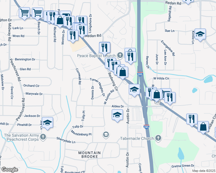 map of restaurants, bars, coffee shops, grocery stores, and more near 3723 Loren Drive in Decatur