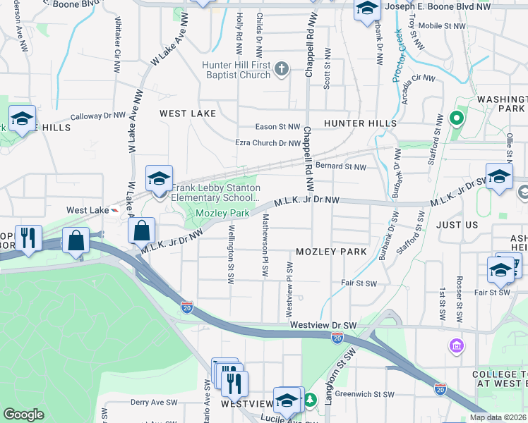 map of restaurants, bars, coffee shops, grocery stores, and more near 1494 Martin Luther King Junior Drive Southwest in Atlanta
