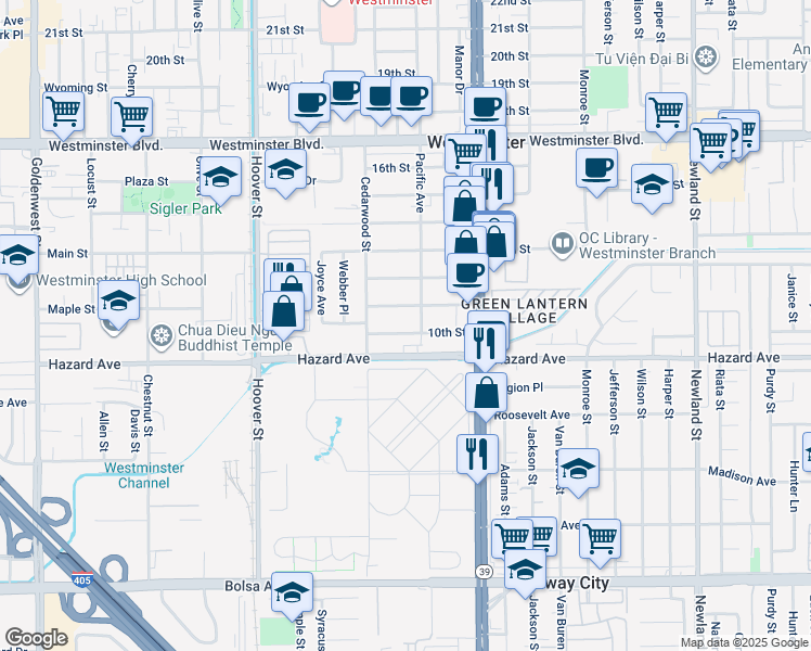map of restaurants, bars, coffee shops, grocery stores, and more near 7821 10th Street in Westminster