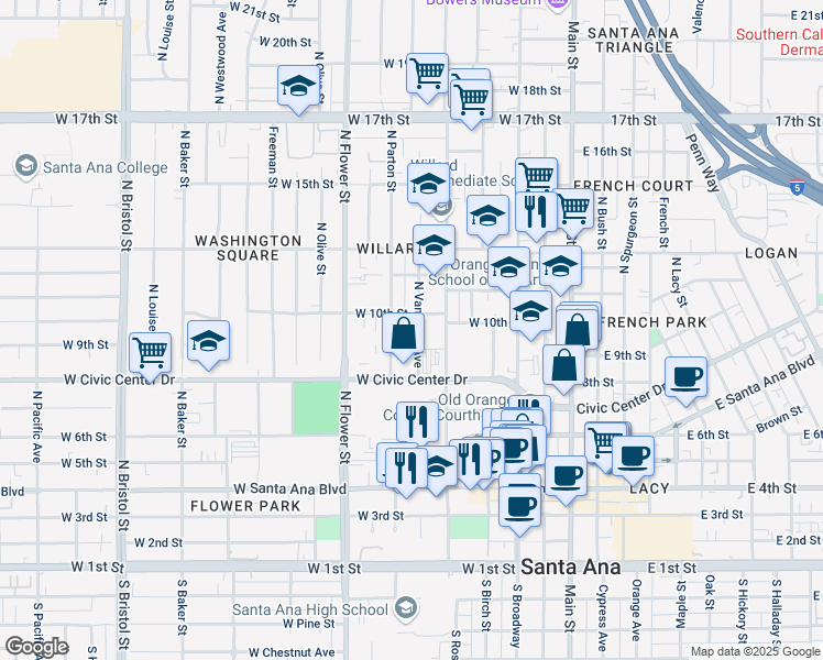 map of restaurants, bars, coffee shops, grocery stores, and more near 844 North Van Ness Avenue in Santa Ana