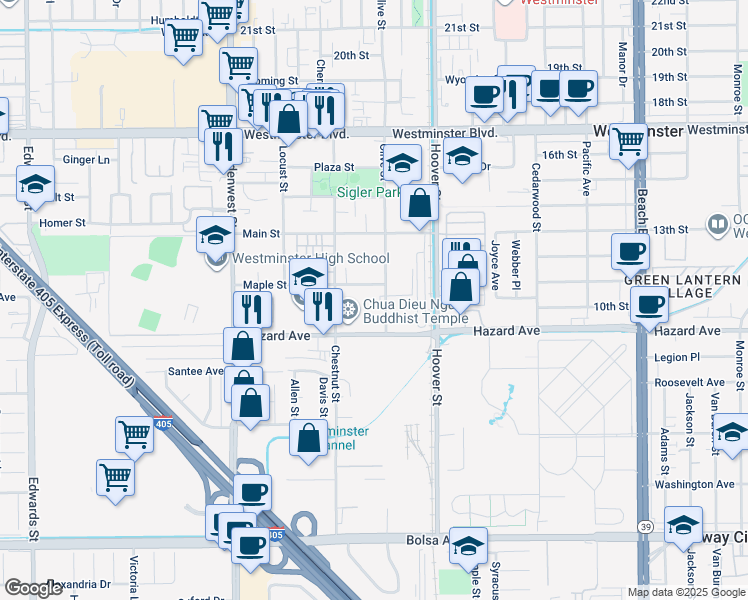map of restaurants, bars, coffee shops, grocery stores, and more near 13442 Milan Street in Westminster