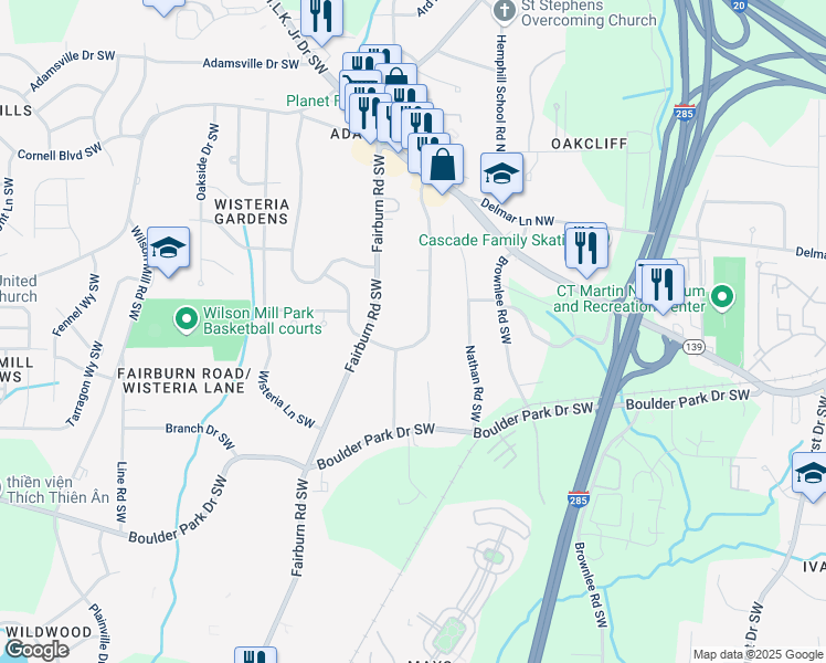 map of restaurants, bars, coffee shops, grocery stores, and more near 197 Howell Drive Southwest in Atlanta