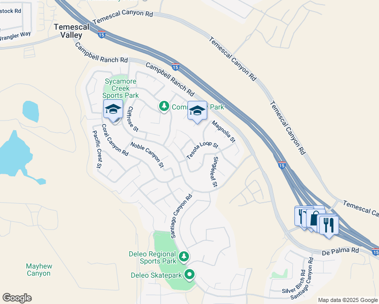 map of restaurants, bars, coffee shops, grocery stores, and more near 11190 Tesota Loop Street in Corona