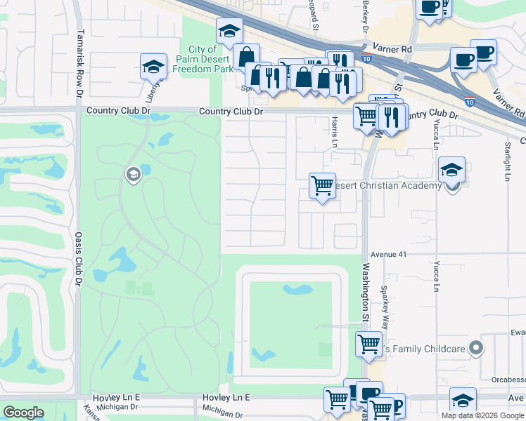 map of restaurants, bars, coffee shops, grocery stores, and more near 77662 Marlowe Court in Palm Desert