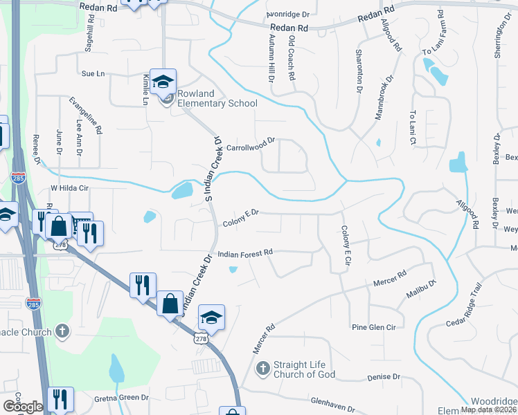 map of restaurants, bars, coffee shops, grocery stores, and more near 4220 Colony East Drive in Stone Mountain