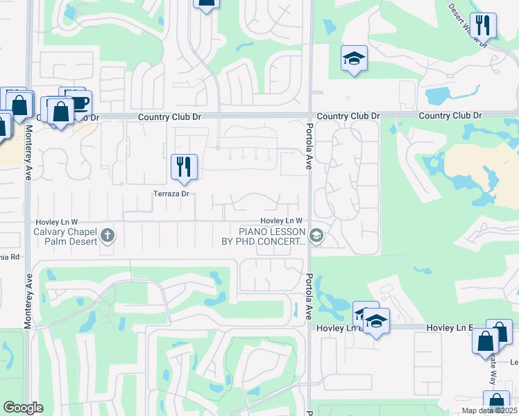 map of restaurants, bars, coffee shops, grocery stores, and more near 41773 Aventine Court in Palm Desert