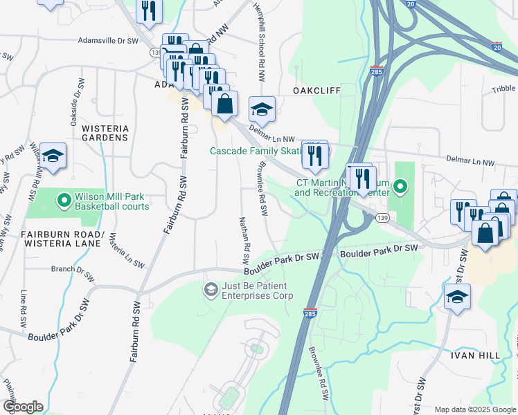 map of restaurants, bars, coffee shops, grocery stores, and more near 131 Brownlee Road Southwest in Atlanta