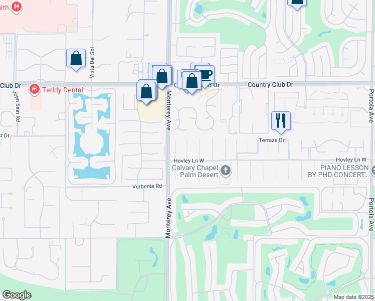 map of restaurants, bars, coffee shops, grocery stores, and more near 40660 Clover Lane in Palm Desert