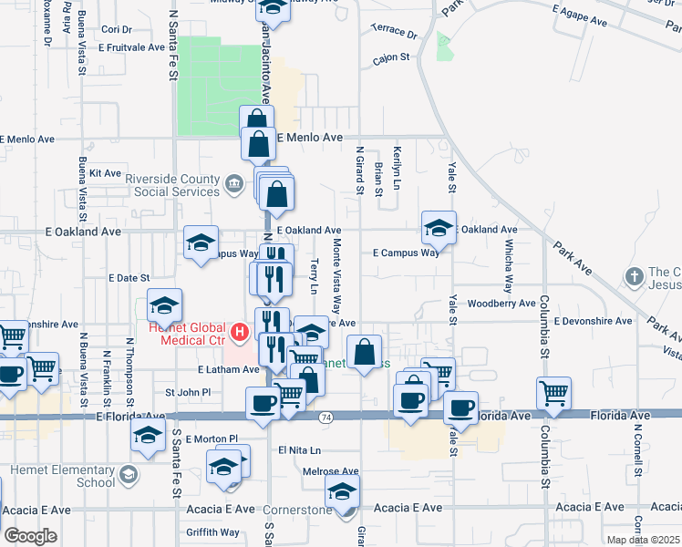 map of restaurants, bars, coffee shops, grocery stores, and more near 404 Monte Vista Way in Hemet