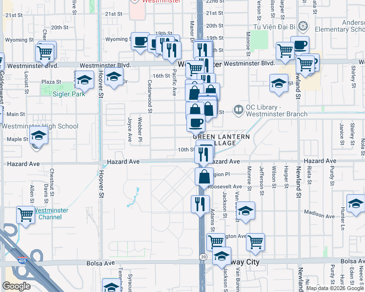 map of restaurants, bars, coffee shops, grocery stores, and more near 7871 10th Street in Westminster