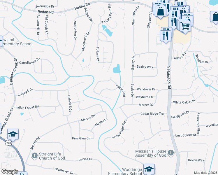 map of restaurants, bars, coffee shops, grocery stores, and more near 4454 Cypress Ridge Lane in Stone Mountain