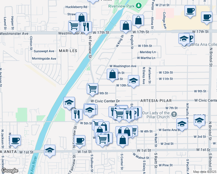 map of restaurants, bars, coffee shops, grocery stores, and more near 2122 West 10th Street in Santa Ana