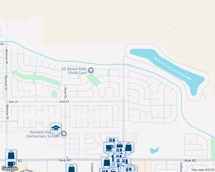 map of restaurants, bars, coffee shops, grocery stores, and more near 82866 Randsburg Lane in Indio