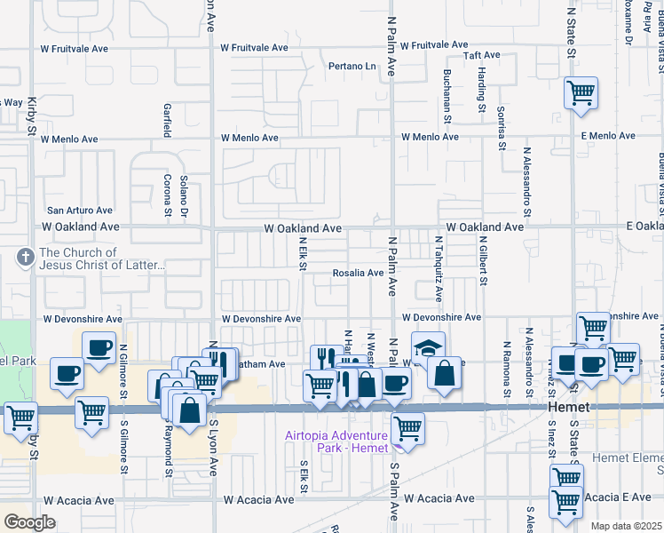 map of restaurants, bars, coffee shops, grocery stores, and more near 1170 Rosalia Avenue in Hemet