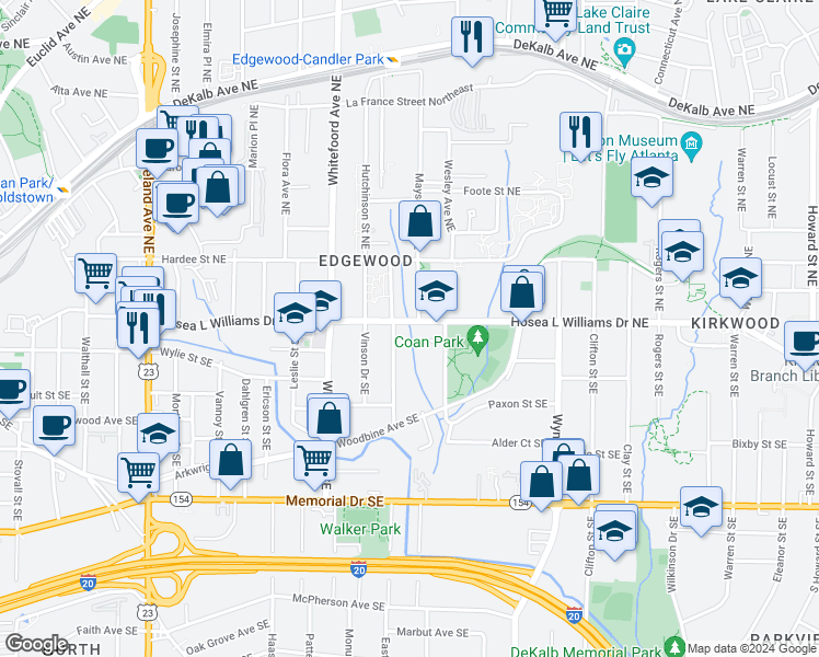 map of restaurants, bars, coffee shops, grocery stores, and more near 1483 Hosea L Williams Drive Southeast in Atlanta