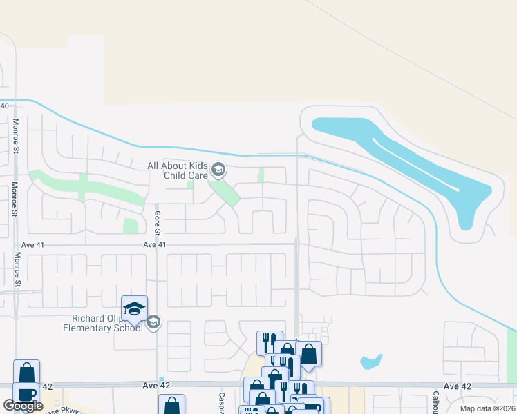 map of restaurants, bars, coffee shops, grocery stores, and more near 82866 Randsburg Lane in Indio