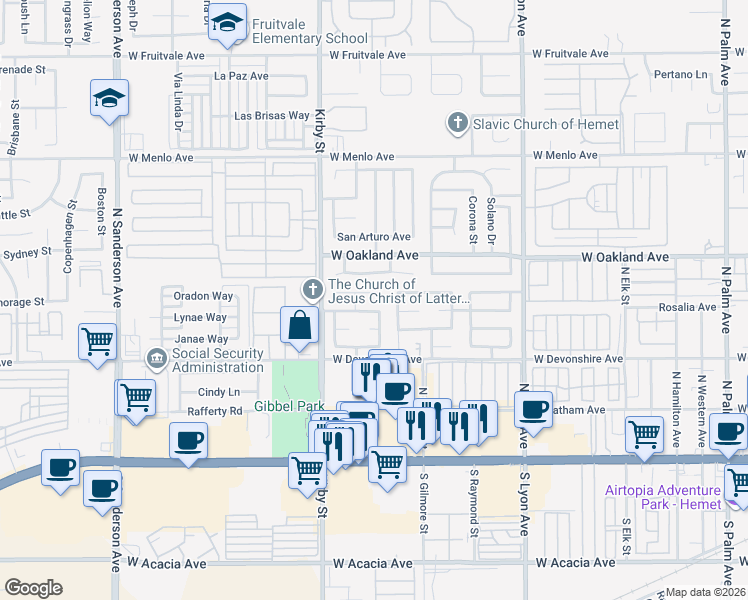 map of restaurants, bars, coffee shops, grocery stores, and more near 2269 Corinto Court in Hemet