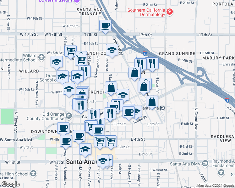 map of restaurants, bars, coffee shops, grocery stores, and more near 833 North Lacy Street in Santa Ana